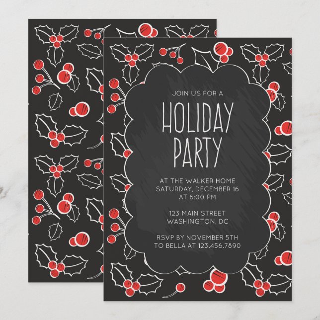 Chalkboard Holly Berries Holiday Party Invitation (Front/Back)