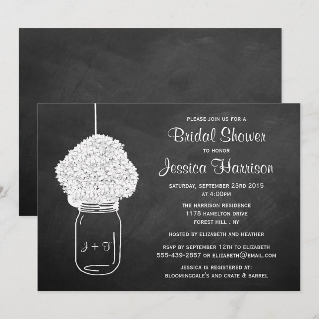 Chalkboard Hydrangea Mason Jar Bridal Shower Invitation (Front/Back)