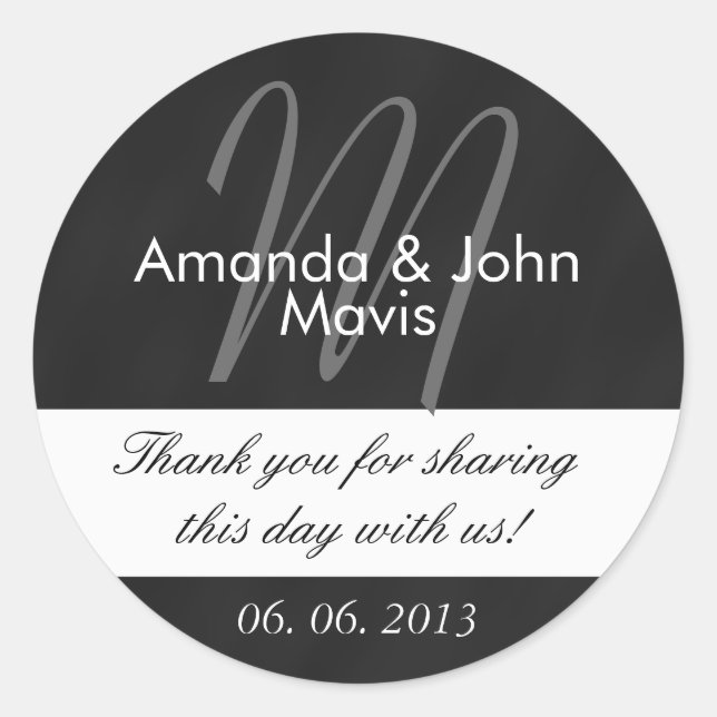 Chalkboard Initial Wedding Favour Thank You Classic Round Sticker (Front)