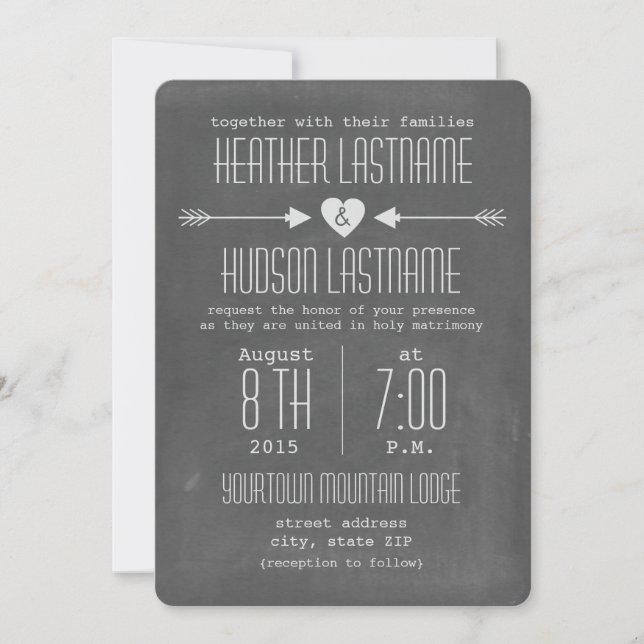 Chalkboard Inspired Arrows + Heart Rustic White Invitation (Front)