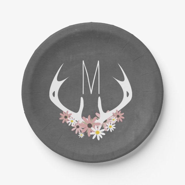 Chalkboard Inspired Floral Antlers Monogram Paper Plate (Front)