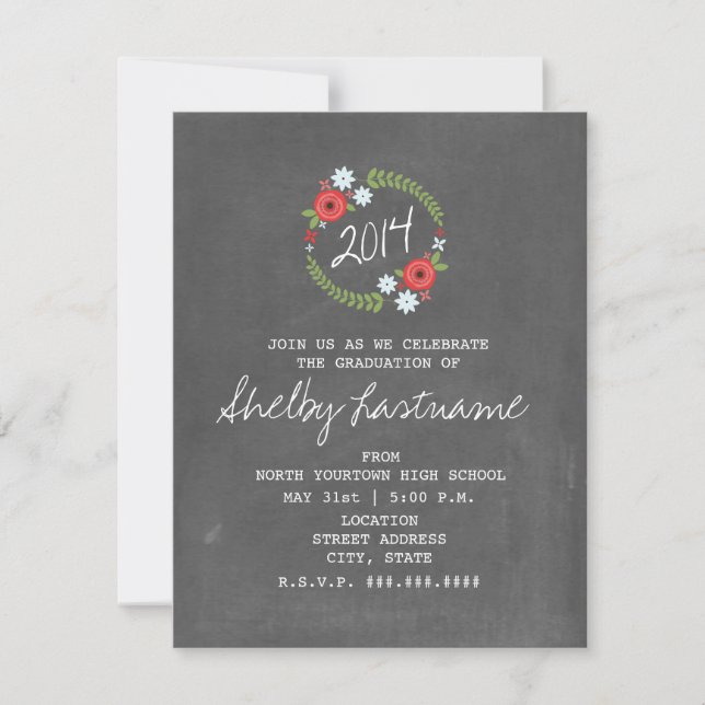 Chalkboard Inspired Floral Photo Graduation Invitation (Front)