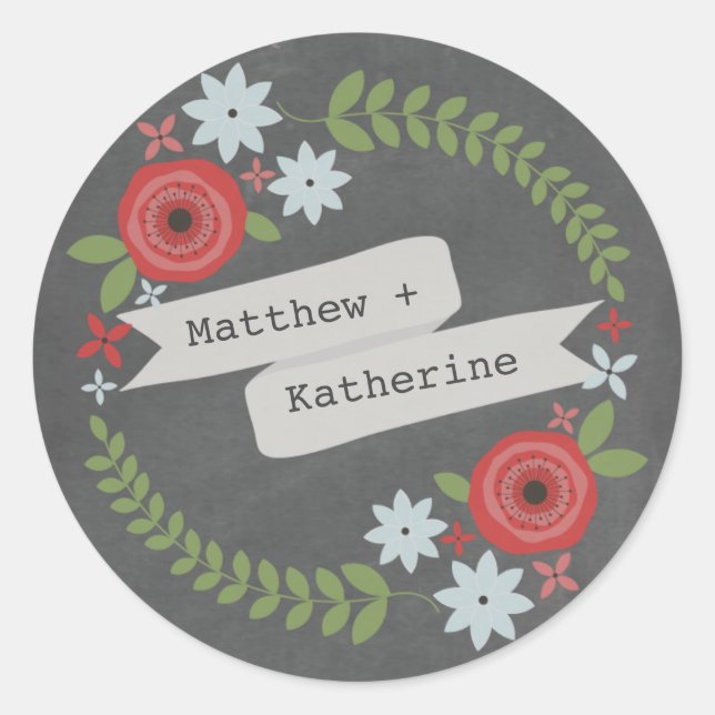 Chalkboard Inspired Floral Wreath & Banner Classic Round Sticker (Front)