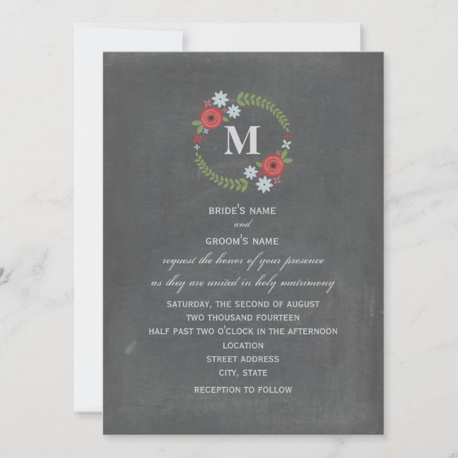 Chalkboard Inspired Floral Wreath Monogram Wedding Invitation (Front)