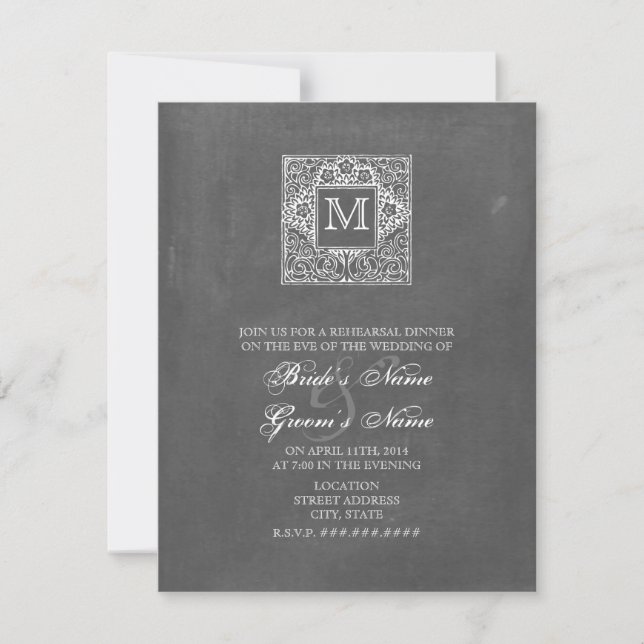 Chalkboard Inspired Monogram Rehearsal Dinner Invitation (Front)
