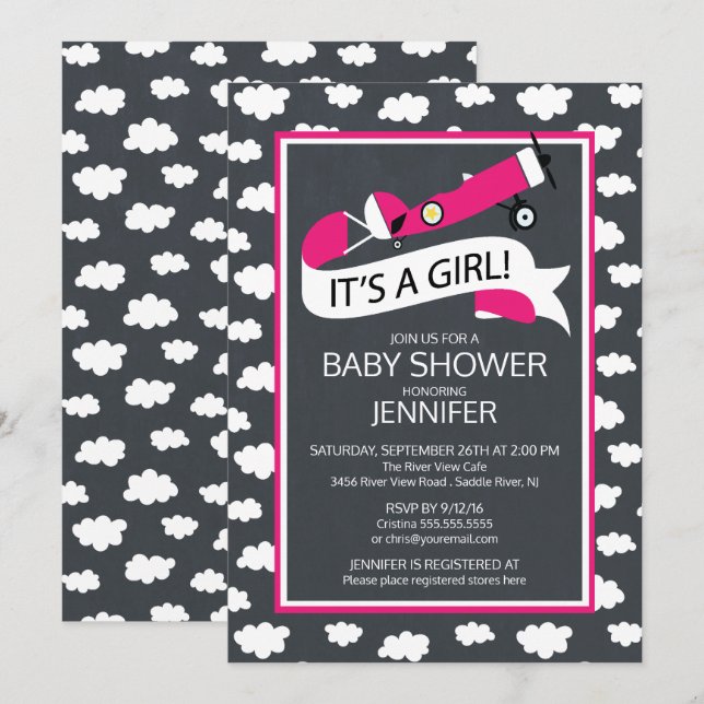 Chalkboard It's a Girl! Aeroplane Girls Baby Showe Invitation (Front/Back)