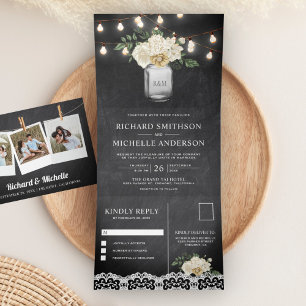 Chalkboard Ivory Floral Mason Jar Lights Wedding Tri-Fold Invitation