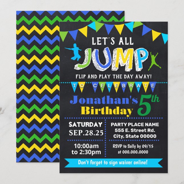 Chalkboard Jump birthday trampoline blue party Invitation (Front/Back)