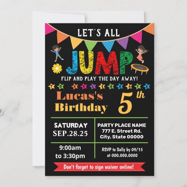 Chalkboard Jump birthday trampoline bounce party Invitation (Front)