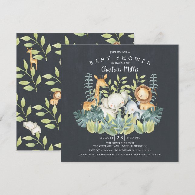 Chalkboard Jungle Animals Baby Shower Invitation (Front/Back)