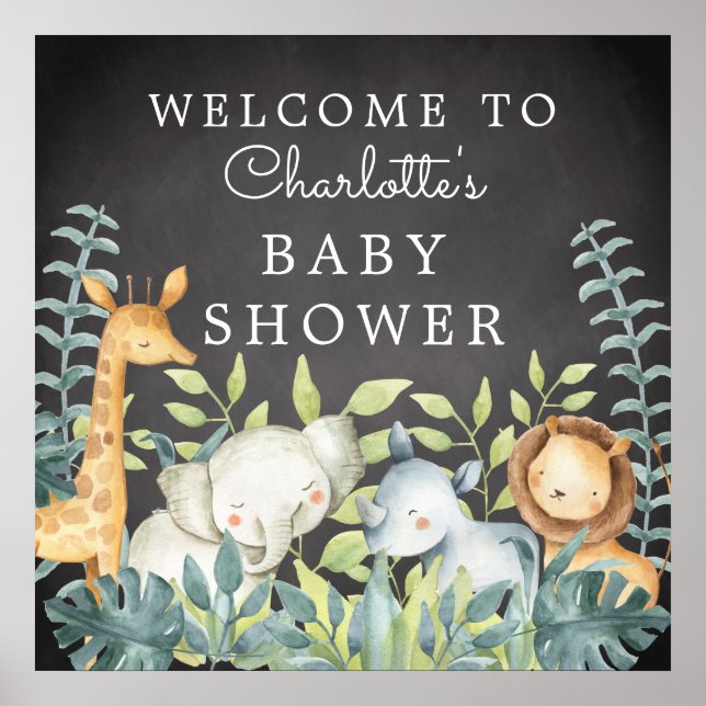 Chalkboard Jungle Animals Baby Shower Welcome Poster (Front)