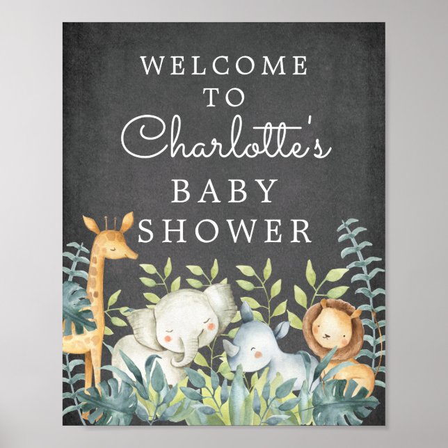 Chalkboard Jungle Animals Baby Shower Welcome Sign (Front)