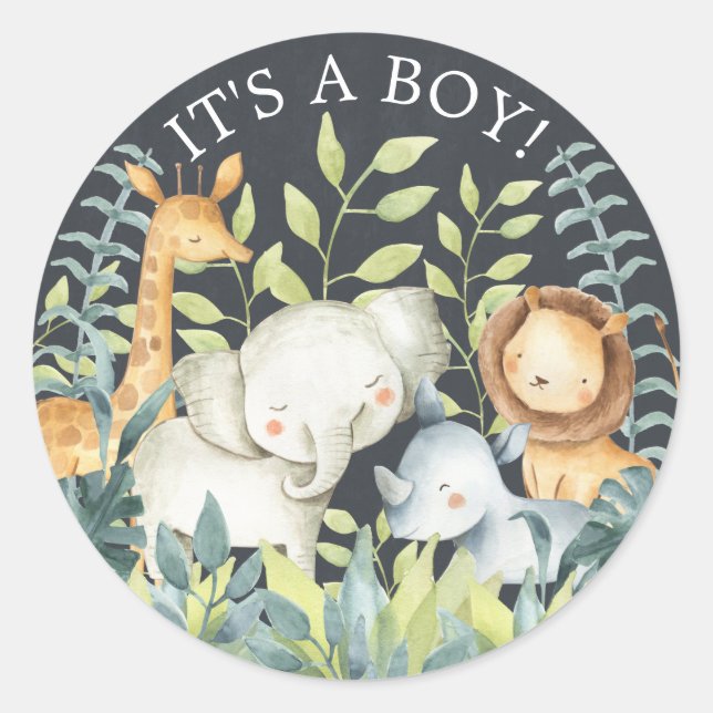 Chalkboard Jungle Animals It' a Boy Favour Sticker (Front)