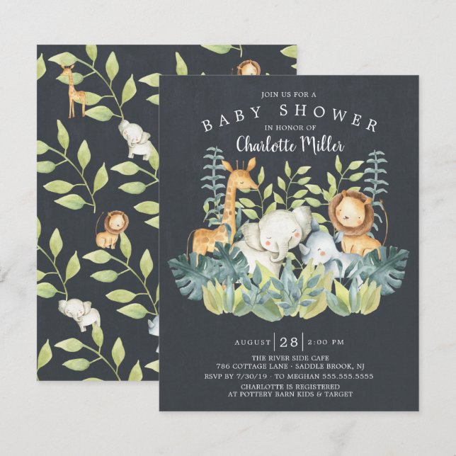 Chalkboard Jungle Animals Neutral Baby Shower Invitation (Front/Back)