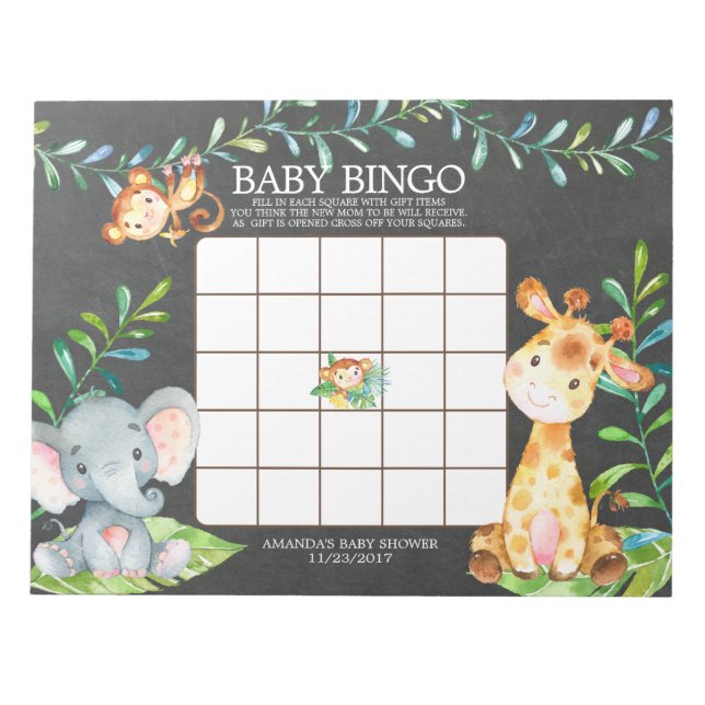 Chalkboard Jungle Baby Shower Bingo Game Notepad (Front)