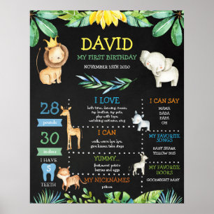 Chalkboard Jungle Safari First Birthday Milestone Poster