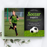 Chalkboard Kids Soccer Birthday Party Photo Invitation<br><div class="desc">Amaze your guests with this cool soccer theme birthday party invite featuring a soccer ball on a lawn with modern typography against a chalkboard background. Simply add your event details on this easy-to-use template and adorn this card with your child's favourite photo to make it a one-of-a-kind invitation. Flip the...</div>