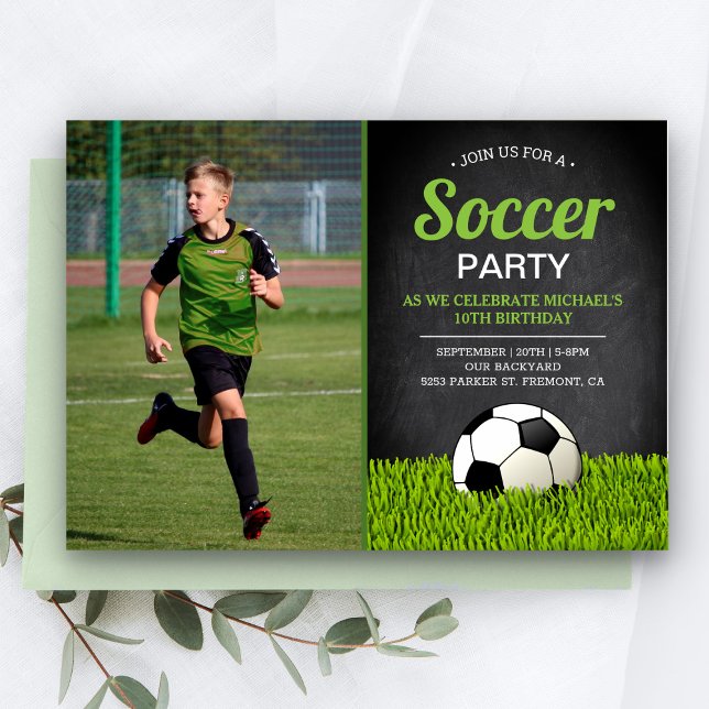 Chalkboard Kids Soccer Birthday Party Photo Invitation (Creator Uploaded)