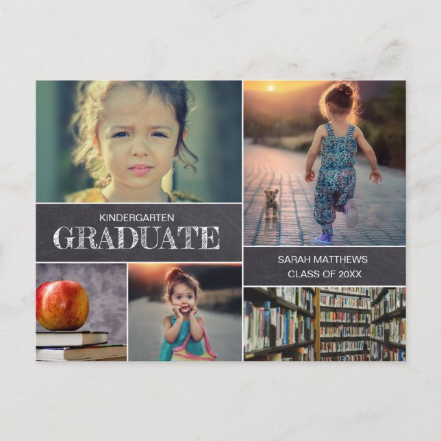 Chalkboard Kindergarten Graduate Photo Collage Announcement Postcard (Front)