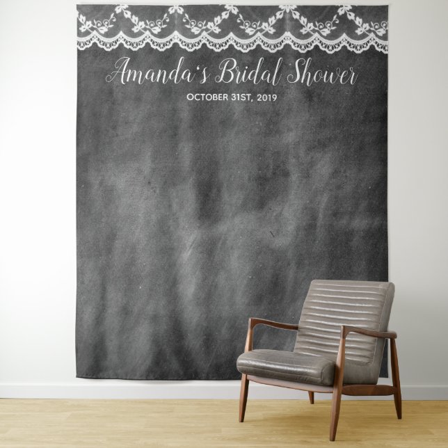 Chalkboard Lace Bridal Shower Photo Booth Backdrop Tapestry (In Situ)