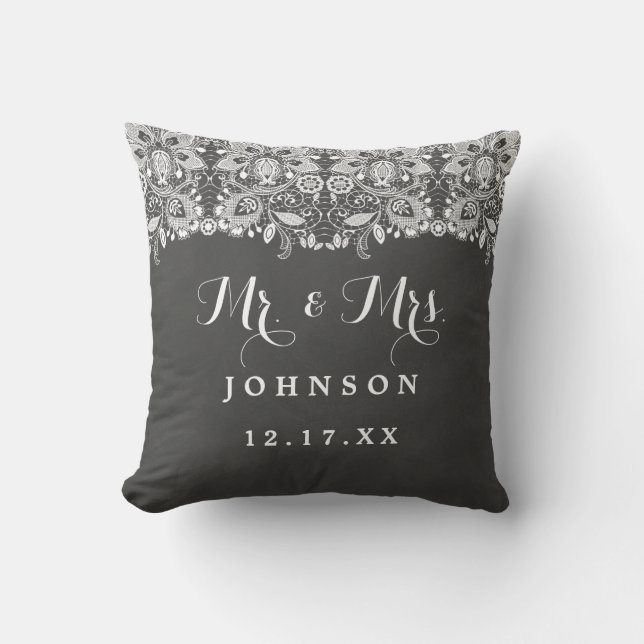 Chalkboard Lace Mr. and Mrs. Wedding Pillow (Front)
