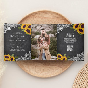 Chalkboard Lace Sunflower Photo QR Code Wedding Tri-Fold Invitation