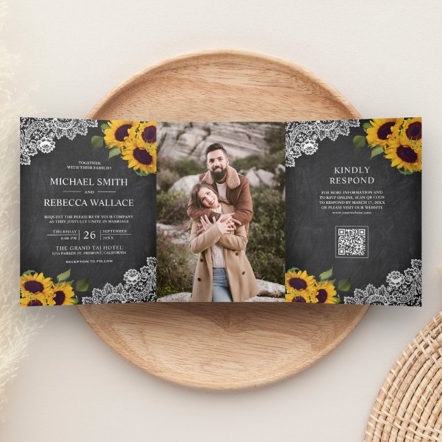 Chalkboard Lace Sunflower Photo QR Code Wedding Tri-Fold Invitation (Creator Uploaded)