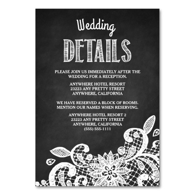 Chalkboard + Lace Wedding Reception Insert Cards (Front)