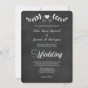 Chalkboard Laurel Leaf Heart Wedding Invitation