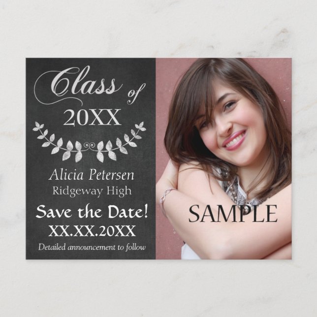 Chalkboard Laurel Leaf Save the Date Graduation Announcement Postcard (Front)