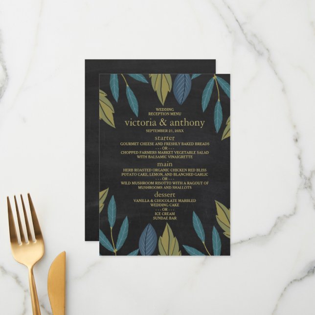 Chalkboard Leaf Wedding Menu (Front/Back In Situ)