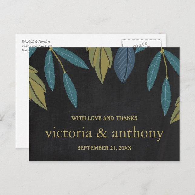 Chalkboard Leaf Wedding Thank You Postcard (Front/Back)
