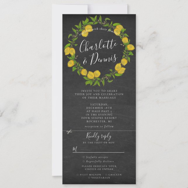 Chalkboard lemon wreath rsvp attached wedding invitation (Front)