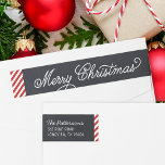 Chalkboard Lettering Christmas Return Address Wrap Around Label<br><div class="desc">Custom wraparound return address labels with a faux chalkboard background and red stripe border. Modern script lettering reads Merry Christmas. Personalise it with your family name and return address. Use the design tools to edit the text fonts and colours and add photos to create unique one of a kind holiday...</div>