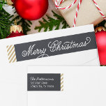 Chalkboard Lettering Christmas Return Address Wrap Around Label<br><div class="desc">Custom wraparound return address labels with a faux chalkboard background and gold stripe border. Modern script lettering reads Merry Christmas. Personalise it with your family name and return address. Use the design tools to edit the text fonts and colours and add photos to create unique one of a kind holiday...</div>
