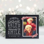 Chalkboard Lettering Holiday Photo Card<br><div class="desc">Affordable custom printed Christmas photo cards with simple templates for customisation. This fun design features cute hand-lettered style typography on a faux chalkboard background with red striped washi tape around your photo. The text reads "Hope the holidays bring you lots of reasons to smile". Personalise it with your photos, family...</div>