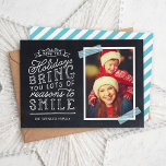 Chalkboard Lettering Holiday Photo Card<br><div class="desc">Affordable custom printed holiday photo cards with simple templates for customisation. This fun design features cute hand-lettered style typography on a faux chalkboard background with aqua striped washi tape around your photo. The text reads "Hope the holidays bring you lots of reasons to smile". Personalise it with your photos, family...</div>
