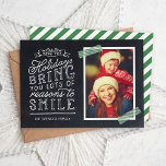 Chalkboard Lettering Holiday Photo Card<br><div class="desc">Affordable custom printed holiday photo cards with simple templates for customisation. This fun design features cute hand-lettered style typography on a faux chalkboard background with green striped washi tape around your photo. The text reads "Hope the holidays bring you lots of reasons to smile". Personalise it with your photos, family...</div>