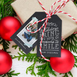 Chalkboard Lettering Holiday Photo Gift Tags<br><div class="desc">Custom printed holiday gift tags personalised with your photos and text. This fun two-sided design features cute hand-lettered style typography on a faux chalkboard background and aqua striped washi tape around your photo. The text reads "Hope the holidays bring you lots of reasons to smile". Personalise it with your photo,...</div>