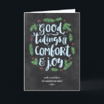 Chalkboard Lettering | Non-Photo Folded Holiday<br><div class="desc">This festive,  no-photo holiday card invitation features a beautiful hand-lettered typography design that reads "Good tidings of comfort and joy" in brush script calligraphy. Green pine branches and red berries surround the frosted,  light blue lettering. The design includes a chalkboard background.</div>