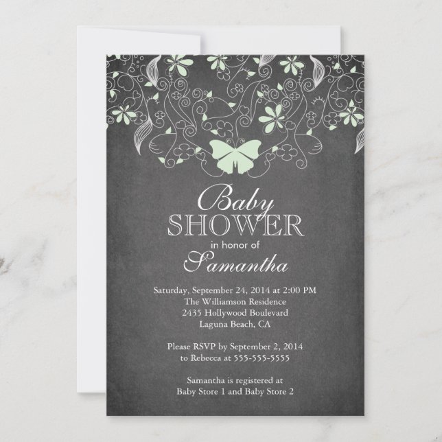 Chalkboard Light Green Butterfly Girl Baby Shower Invitation (Front)