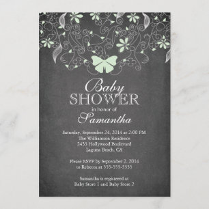 Chalkboard Light Green Butterfly Girl Baby Shower Invitation