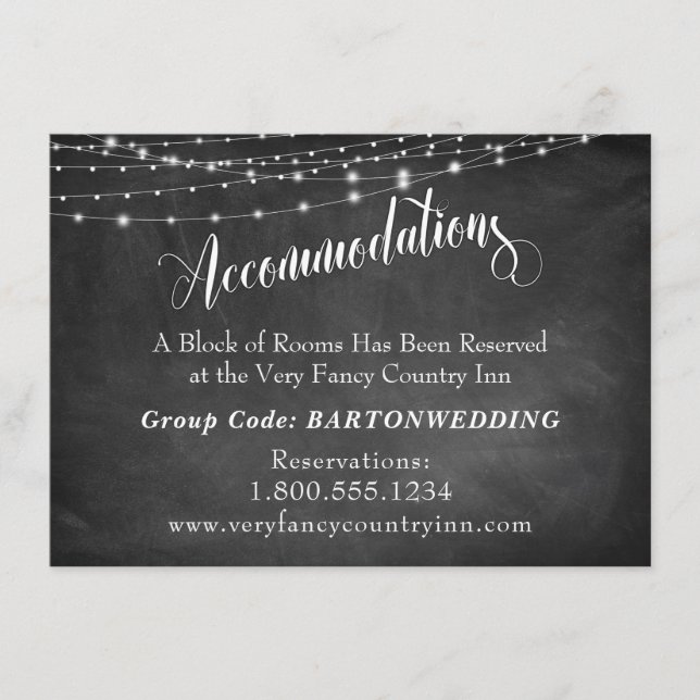 Chalkboard & Light Strings Wedding Accommodations Enclosure Card (Front)