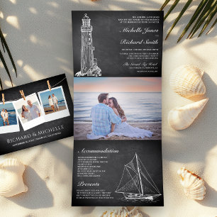 Chalkboard Lighthouse Sailboat Nautical Wedding Tri-Fold Invitation