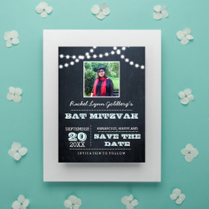 Chalkboard Lights Aqua Bat Mitzvah Photo Save Date Announcement Postcard
