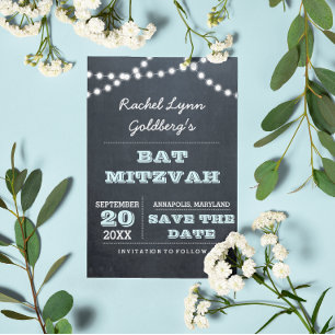 Chalkboard Lights Aqua Bat Mitzvah Save the Date Announcement Postcard