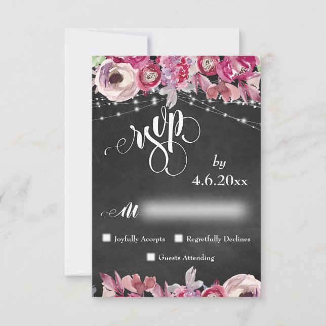 Chalkboard, Lights, Calligraphy Pink Flowers RSVP (Front)