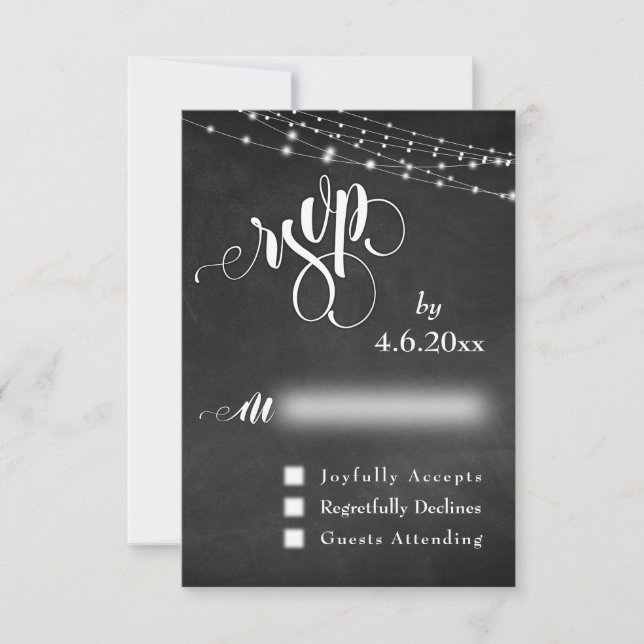 Chalkboard, Lights, Calligraphy RSVP Card (Front)