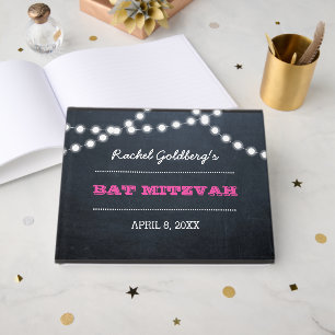 Chalkboard Lights Dark Pink Bat Mitzvah Guest Book