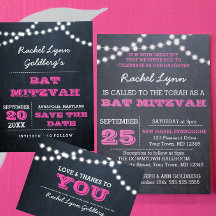 Chalkboard Lights Dark Pink Bat Mitzvah Invitation